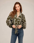 Olive Scarlet Tie Front Top with floral border crepe pattern and front waist tie detail