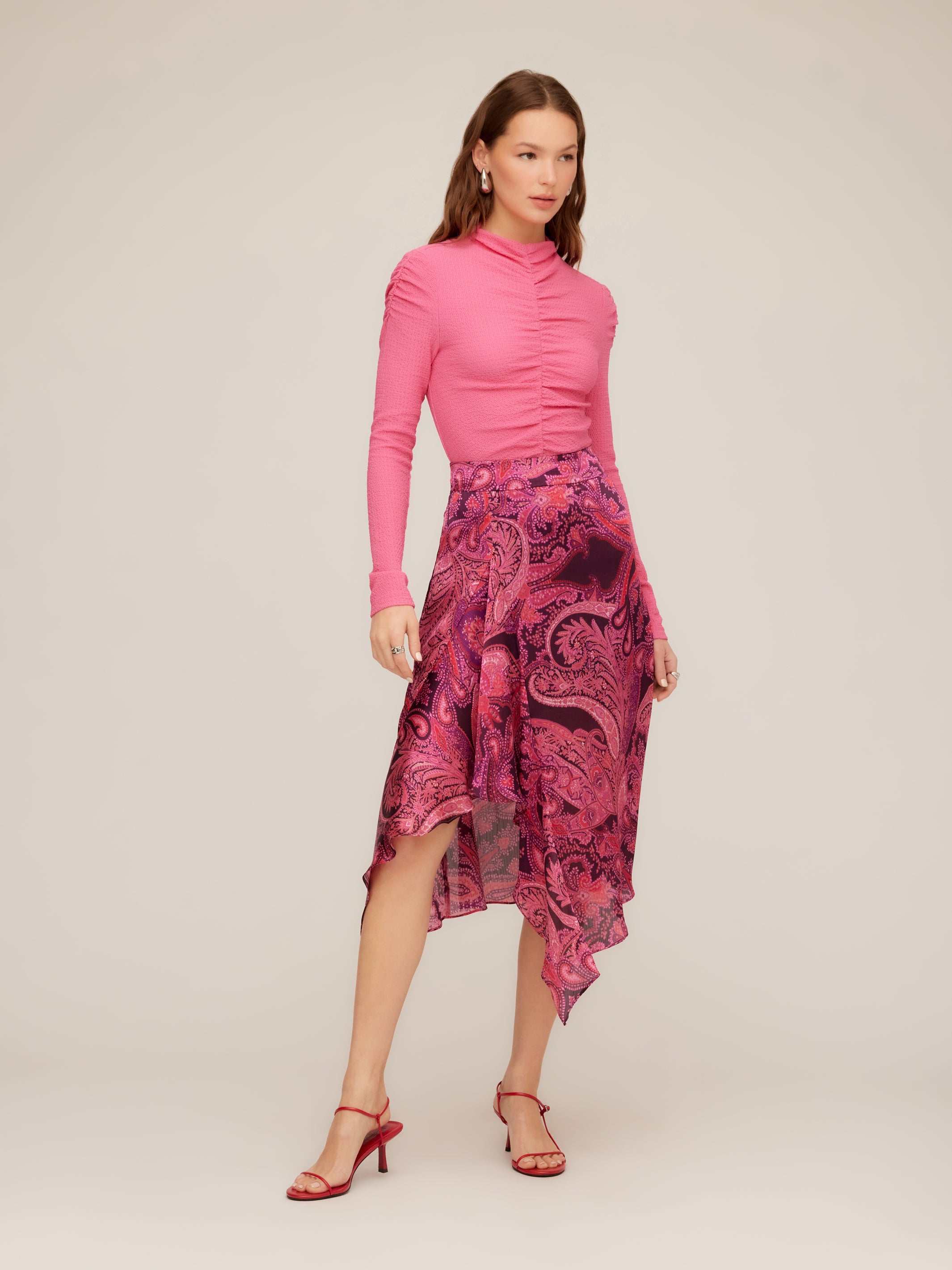 Ceylon Ruffle Skirt - Vibrant Midi with Asymmetrical Ruffle Detail
