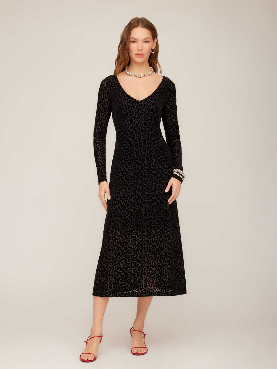 Julia Velvet Burnout Dress | Leopard Midi with Long Sleeves