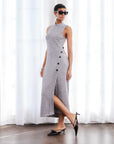 Lauren Button Detail Midi Dress sleeveless grey knit dress with side slit and faux buttons worn with black shoes and sunglasses