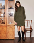 Brenna Mock Neck Dress in soft double brushed knit with asymmetric shoulder and long voluminous sleeves
