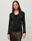 Lana Drape Front Top in black stretch jersey, with a soft draped neckline, open collar detail and long sleeves.