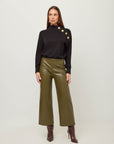 Faux Leather Cropped Pants in olive green with a smooth finish, wide-leg cut and high-rise elastic waist