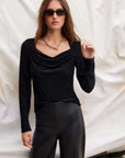 Payton Velvet Burnout top in black houndstooth velvet with a draped neckline, long sleeves and fitted silhouette