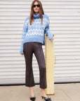 Esther Jacquard Sweater in chambray and white with a Fair Isle-inspired jacquard pattern, foldover turtleneck, and ribbed trim.