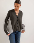 Celine Mixed Media Cardigan in charcoal knit with white and black striped woven side panels and tortoiseshell buttons