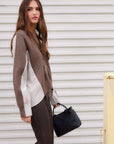 Brown Celine Mixed Media Cardigan with V-neck, tortoiseshell buttons, and striped woven accents