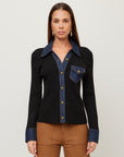 Denim Sweater Button Up Top