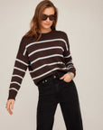 Luca Crewneck Sweater in chunky knit with brown and light blue horizontal stripes, ribbed crew neck, and relaxed fit.