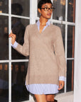 Woman wearing Carrie Mixed Media Dress with wheat-colored sweater overlay and white and blue striped shirt dress underneath.
