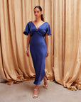Shailene Flutter Sleeve Dress in recycled satin with deep V-neckline, flutter sleeves, ruching detail, and midi length