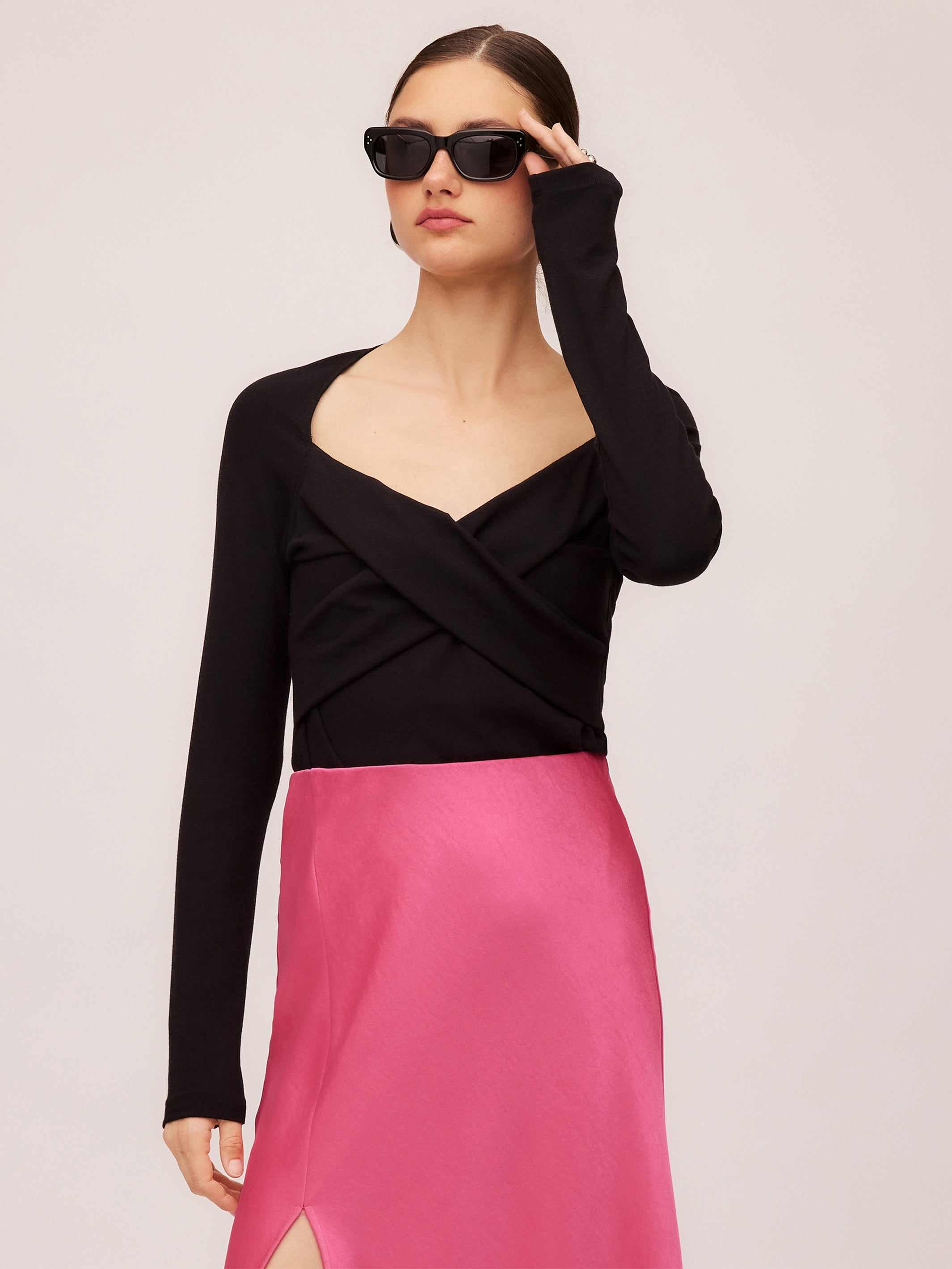 Zelda Crossover Top black long sleeve rib knit sweetheart neckline stylish fitted pullover