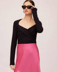 Zelda Crossover Top black long sleeve rib knit sweetheart neckline stylish fitted pullover