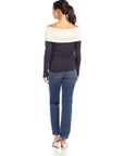 Woman wearing Jillian Off-The-Shoulder Top with twist neck, side shirring, long sleeves, and fitted silhouette from the back