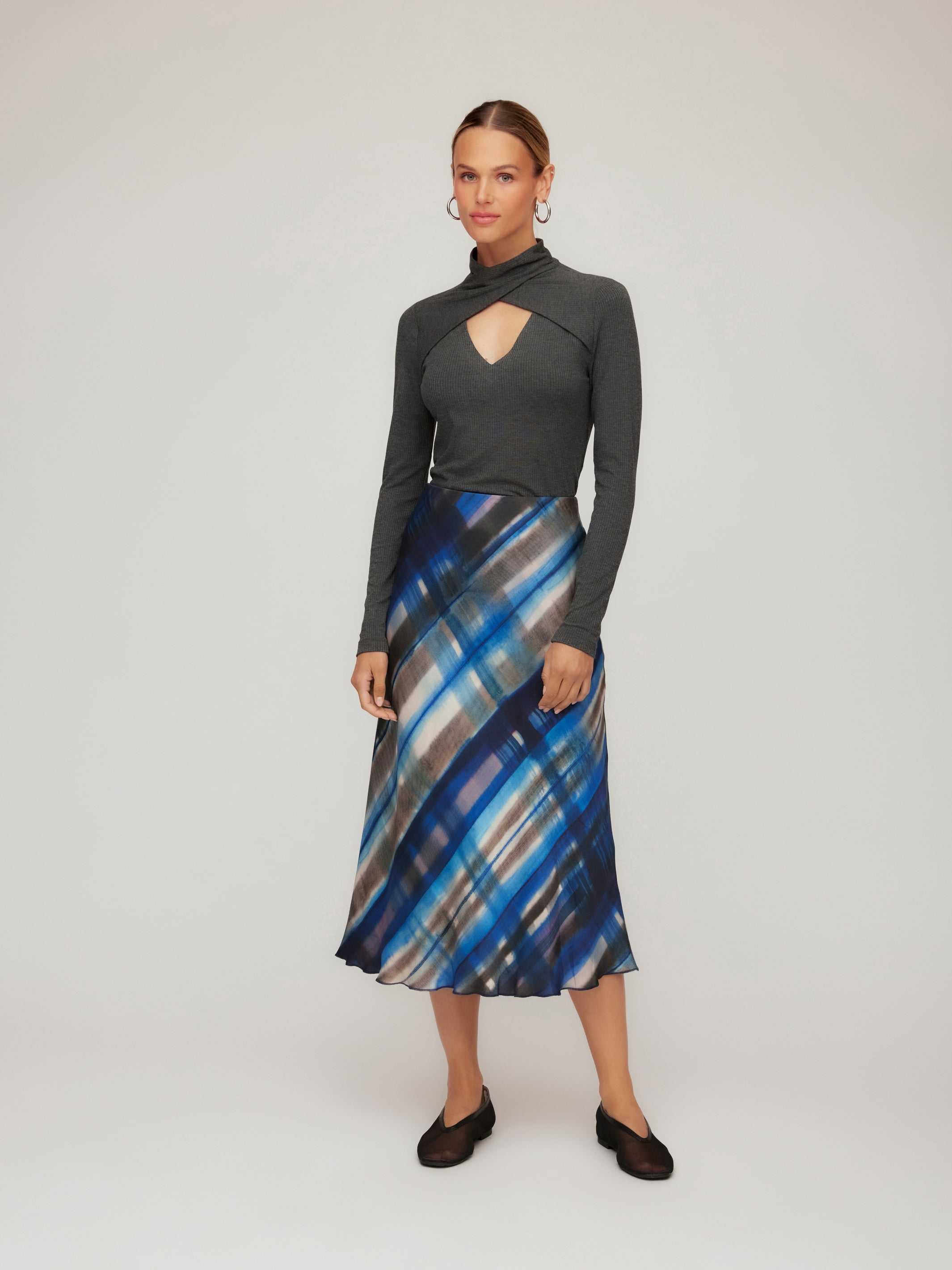 Mia Bias Midi Skirt - Flattering Satin Skirt with Watercolor Print