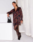 Calista Dress brick red V-neck paisley print above knee length with buttoned cuffs