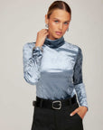 Gwen Long Sleeve Turtleneck in stretch crushed velvet with subtle shimmer and slim fit