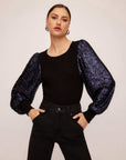 Sequin bishop sleeve top with long contrast sequined sleeves and crew neck for elegant special occasions