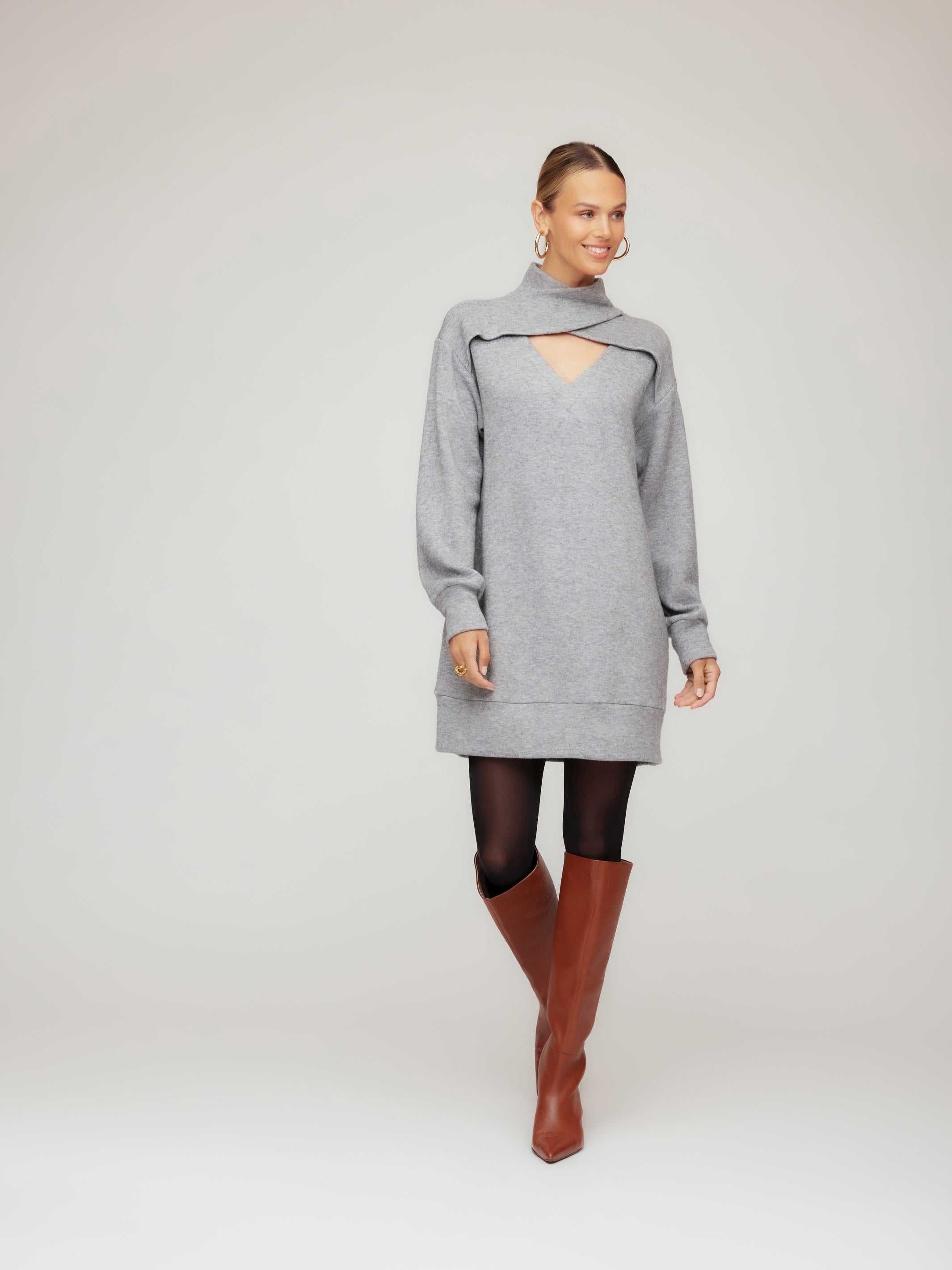 Clemence Knit Dress Set Sサイズ　グレー Claylee Crossover Turtleneck Dress - Modern Cozy Knit Dress for
