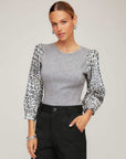 Contrast Lori Top with gray/off white leopard print 3/4 sleeves and slim princess seam fit