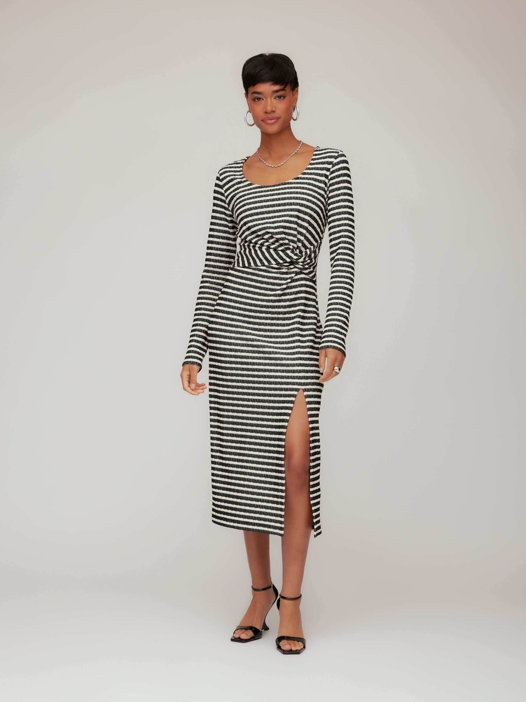 Tyler Side-Twist Dress - Modern Striped Midi Dress with Side
