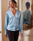 Tie Back Top lustrous hammered satin blouse with blouson sleeve and V-neck button down