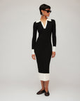 Belle Ribbed Polo Dress midi ribbed knit dress with contrast collar and cuffs, deep V-neck, long sleeves, slim fit.