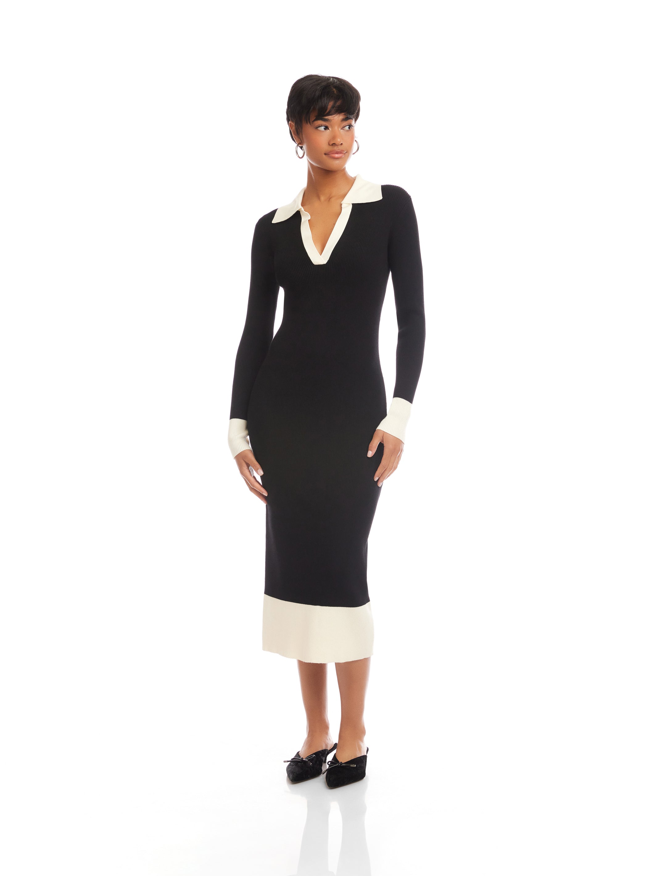 Fifteen Twenty Women's Belle Ribbed Polo Dress in Black and Cream 4F89250 | Size: XL Fifteen Twenty Women's Belle Ribbed Polo Dress in Black and Cream 4F89250 | Size: XL