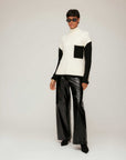 Lara Faux Patent Leather wide-leg pants with high-rise elastic waist, knee seam detail, and side pockets