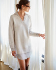 Carrie Mixed Media Sweater Dress in pale beige knit with a V-neck, long sleeves, and white collared shirting hem.