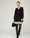 Carrie Mixed Media Dress with raglan sleeves, collared V-neck, and faux layered hem above the knee