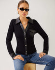 Isabella Contrast Faux Leather Button-Up Top