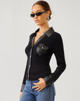 Isabella Contrast Faux Leather Button-Up Top