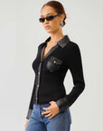Isabella Contrast Faux Leather Button-Up Top