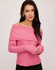 Monique Sweater off the shoulder cozy knit pullover with ribbed hem and cuffs