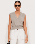 Holly V-Neck Top in taupe knit, sleeveless with a deep V-neckline, relaxed fit, and wide ribbed hem.