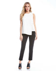 Woman wearing black ankle slit pant with white sleeveless top and black open-toe heels