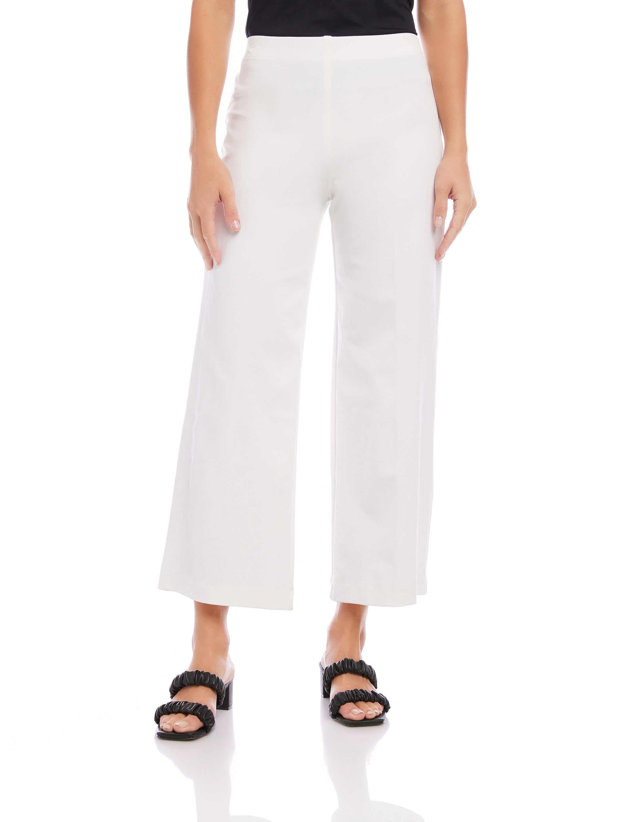 White wide-leg cropped pants with elastic waistband and relaxed fit for women