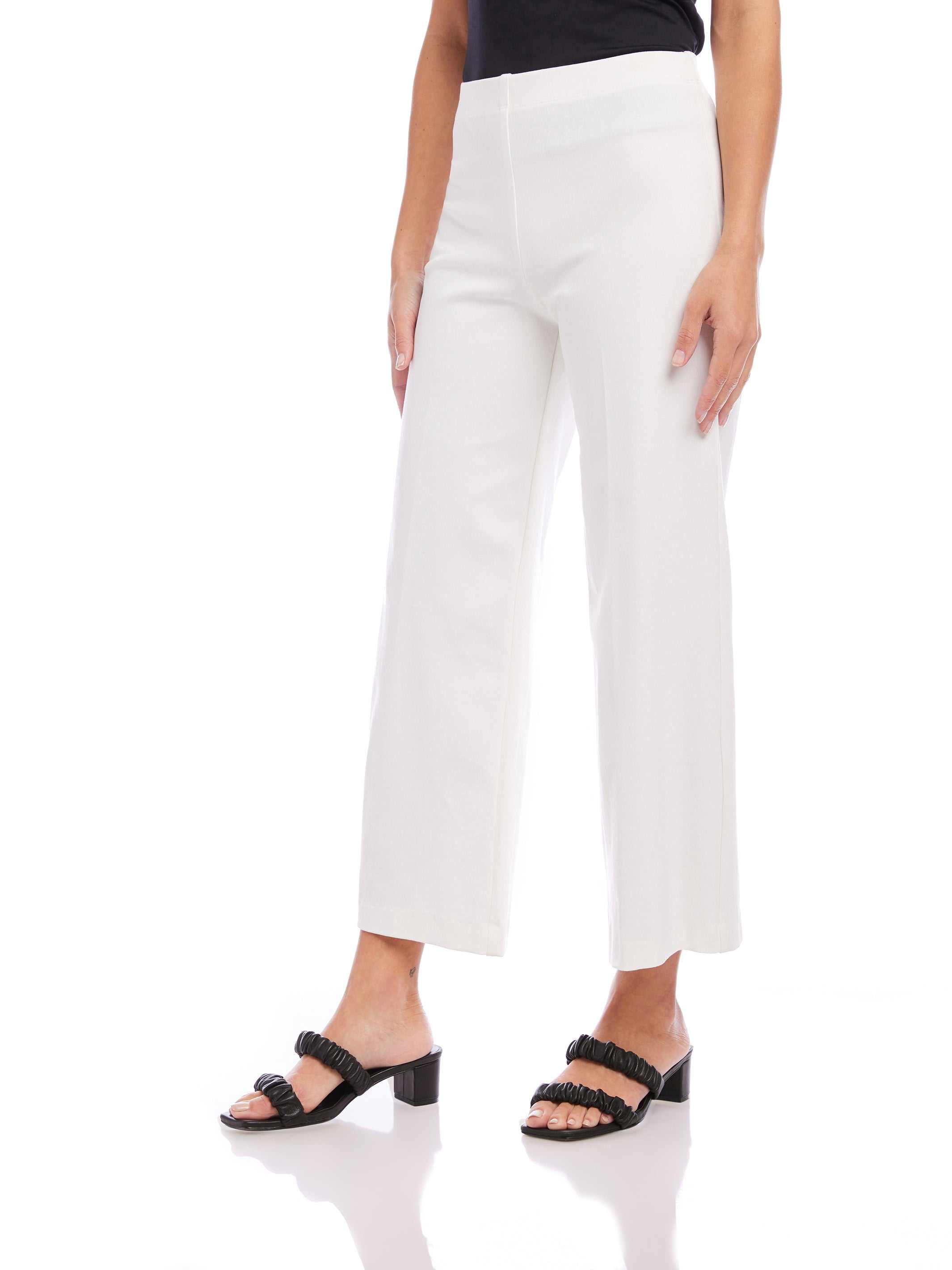 White wide-leg cropped pants with elastic waistband and pull-on style for women