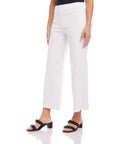White wide-leg cropped pants with elastic waistband and pull-on style for women