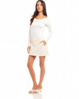 Woman wearing Maribel Modern Skirt in beige with side pockets and hook closure paired with white top and heels