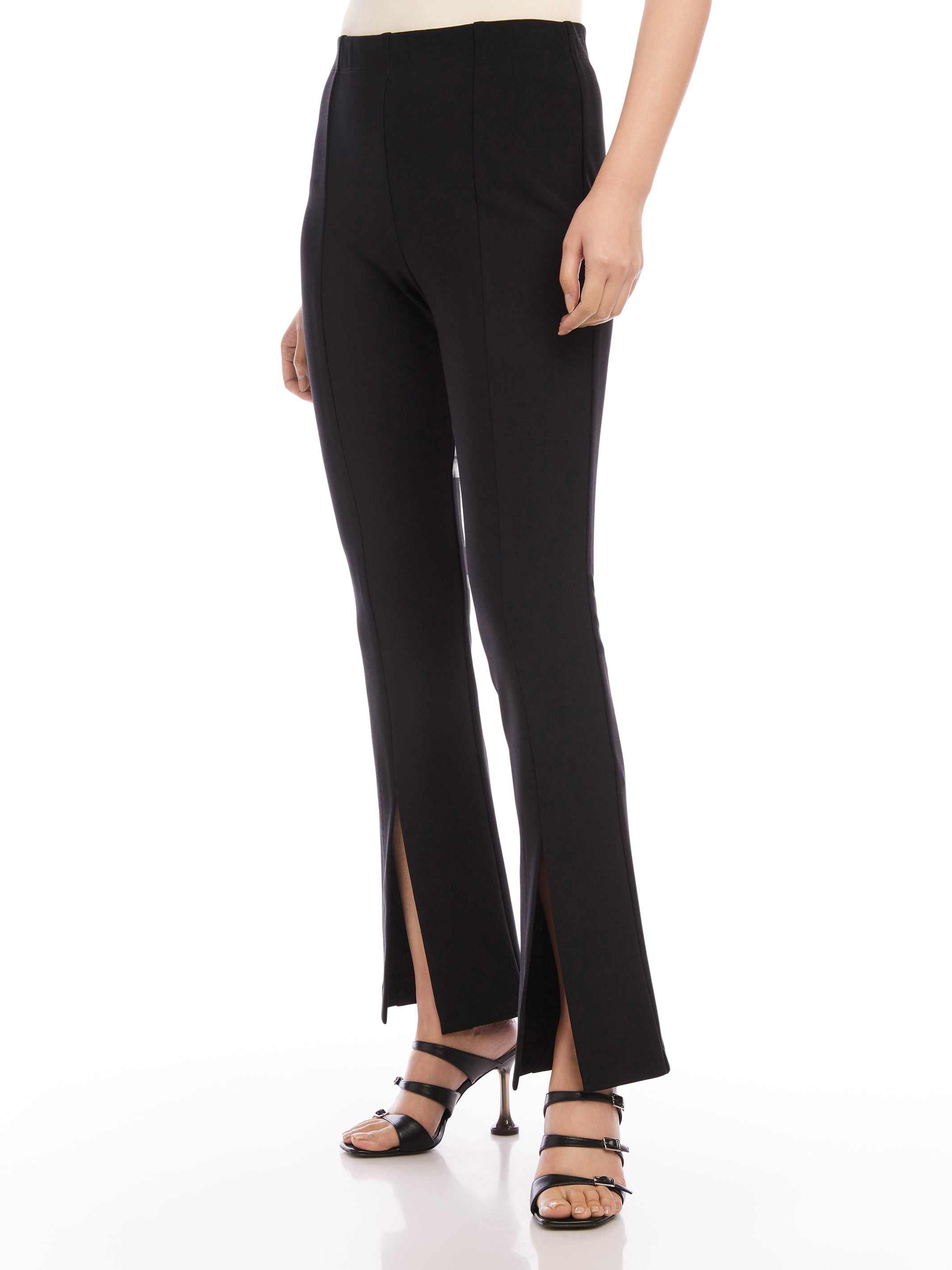 Harlow Bootcut Pants in black double face crepe with front slits and tailored minimalist silhouette.