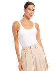 White bamboo rib knit sleeveless Billy Tank with scoop neck worn by model