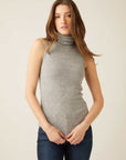 Slim fit sleeveless turtleneck rib-knit top in gray for layering or standalone wear