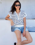 Beth Crochet Stripe Cap Sleeve Sweater with lace-up neckline and navy stripes