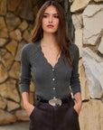 Bliss Scallop Edge Cardigan in dark grey ribbed knit with long sleeves, button-front closure, and scalloped V-neckline trim.