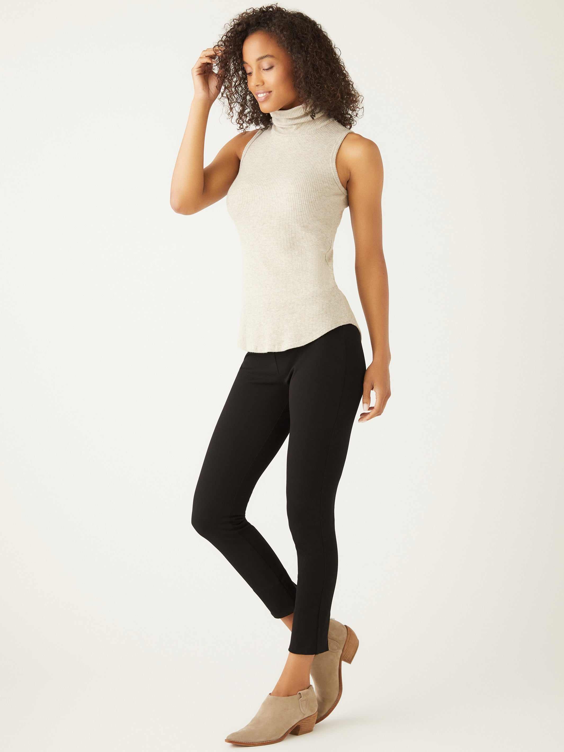 Slim fit sleeveless turtleneck in beige brushed rib-knit fabric