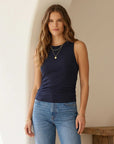 Side Shirred Tank in bamboo rib knit fabric with sleeveless crew neck design