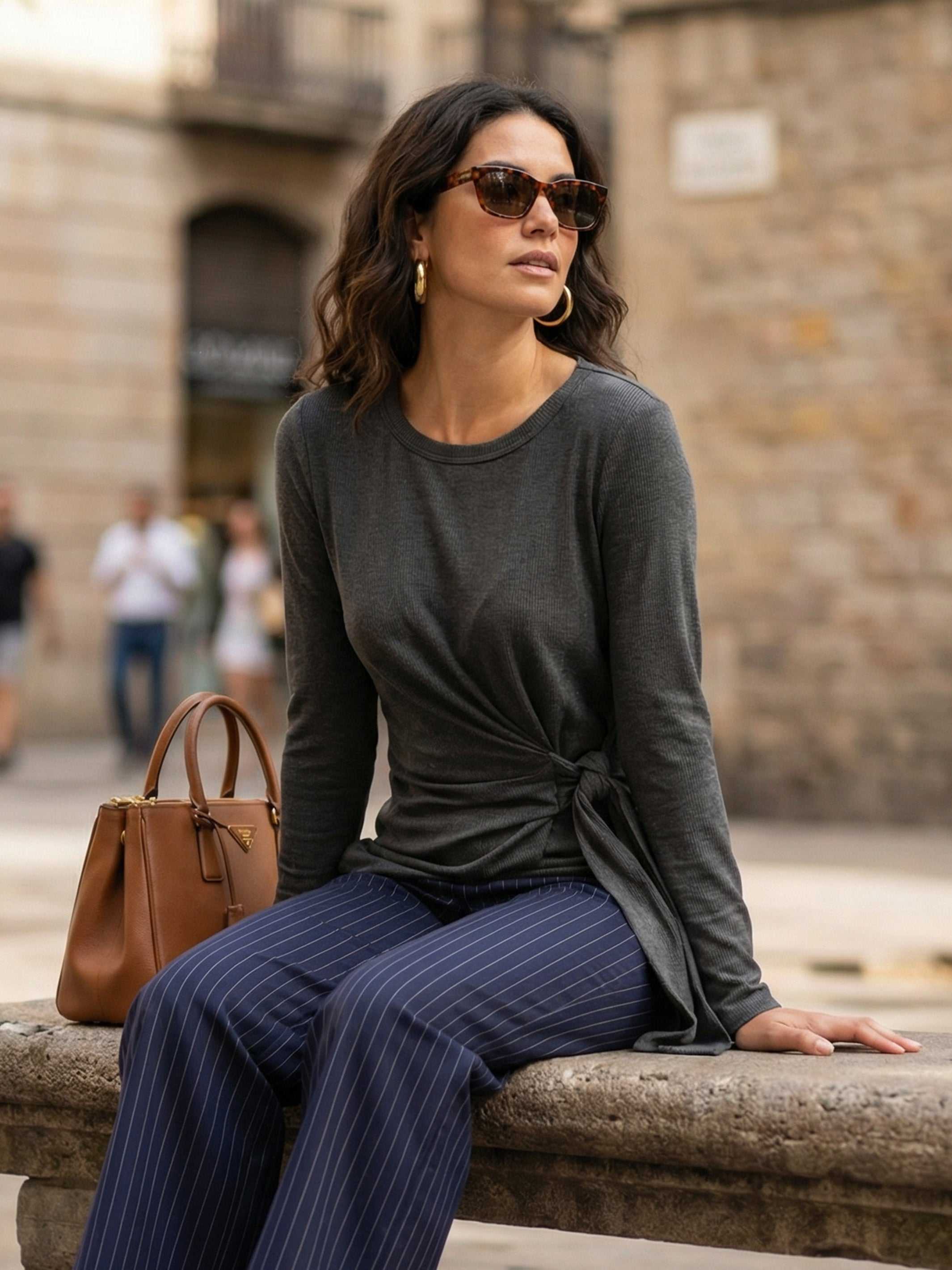 Addy Side-Knot Top soft rib knit long sleeve crew neck with side knot detail