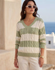 Avalee Stripe Cable Sweater with bold stripes, V-neck, and relaxed oversized fit
